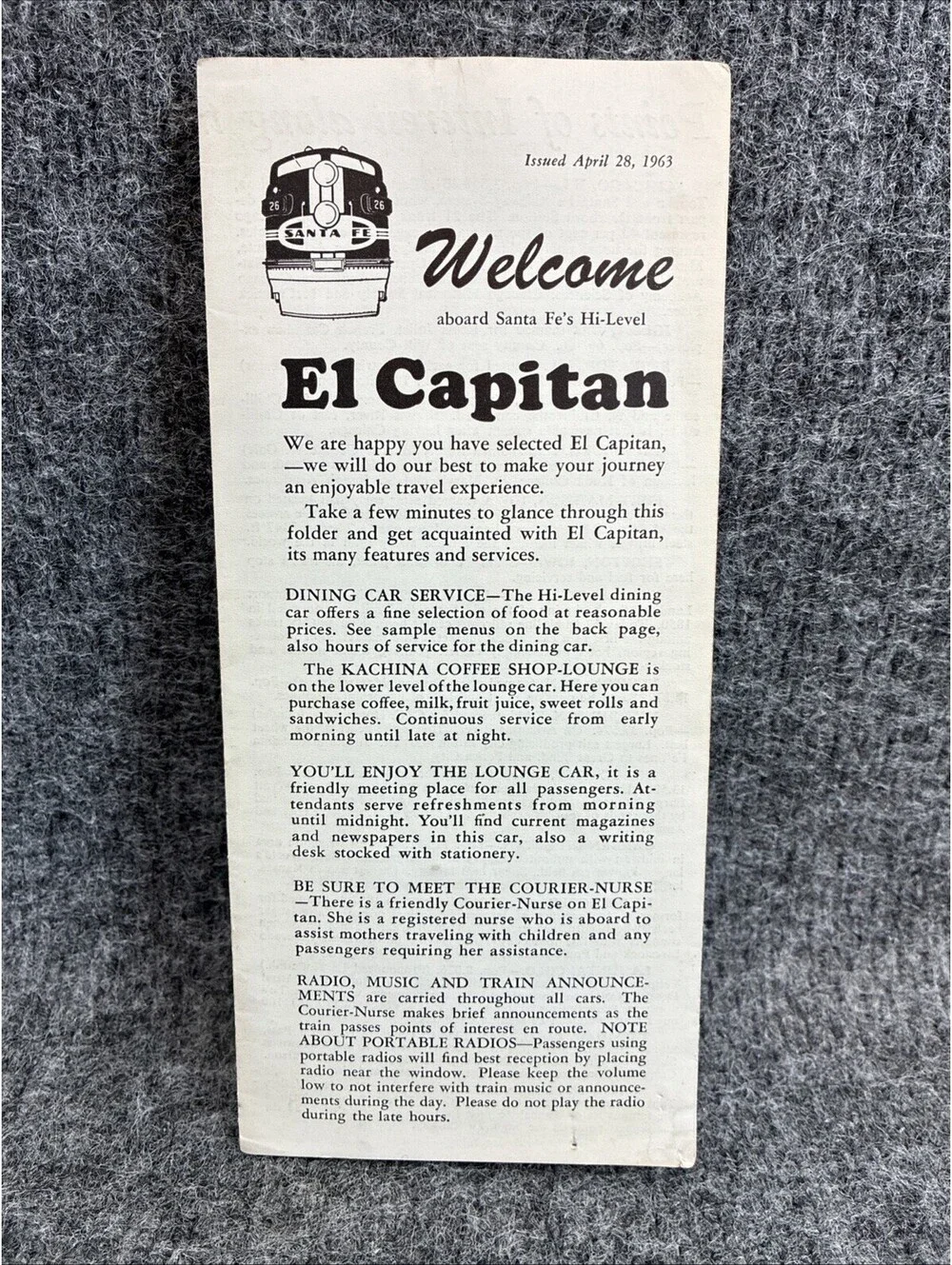 Vtg 1963 Santa Fe El Capitan Brochure Menu Grand Canyon Train Timetable Sheet